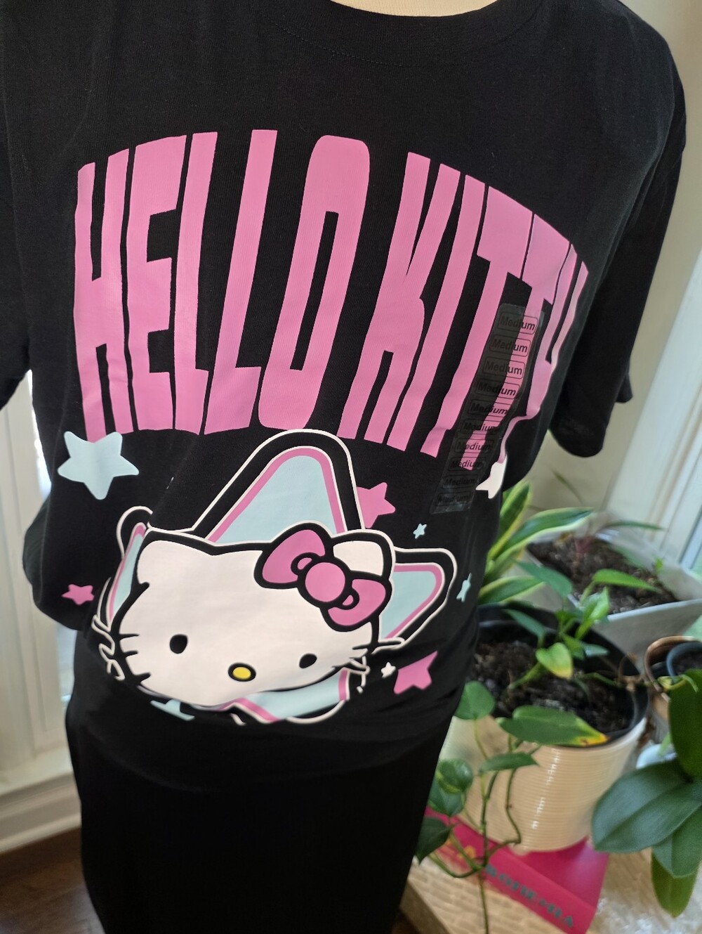 Hello Kitty Black Tee with Pink & Light Blue Graphics
